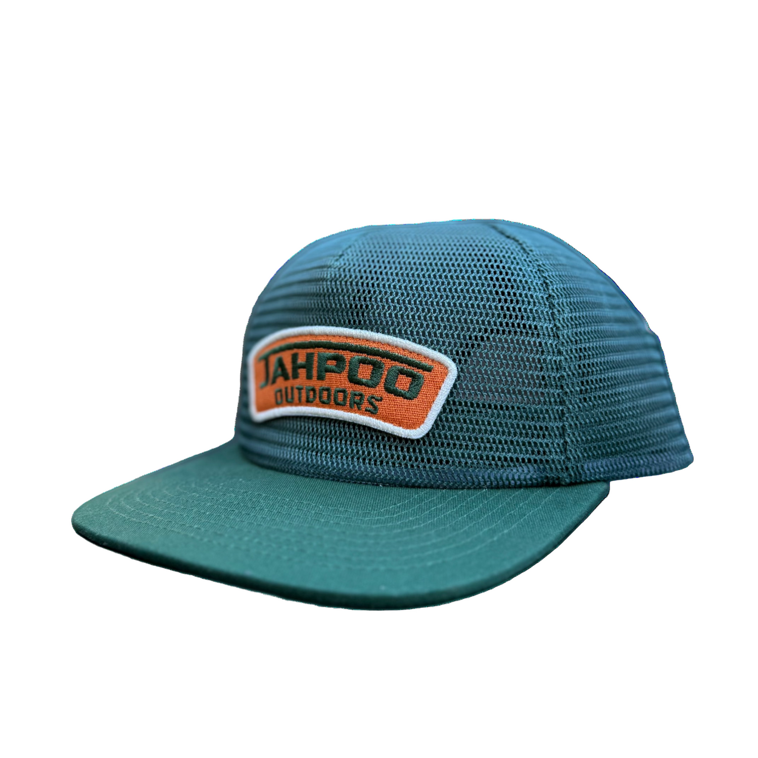 Green cap with 'Jahpoo Outdoors' logo side view