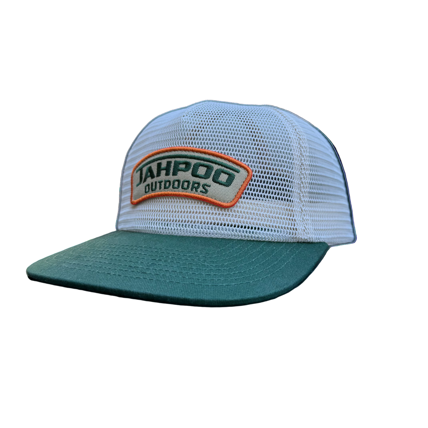Green and white cap with 'Jahpoo Outdoors' logo on a car hood.