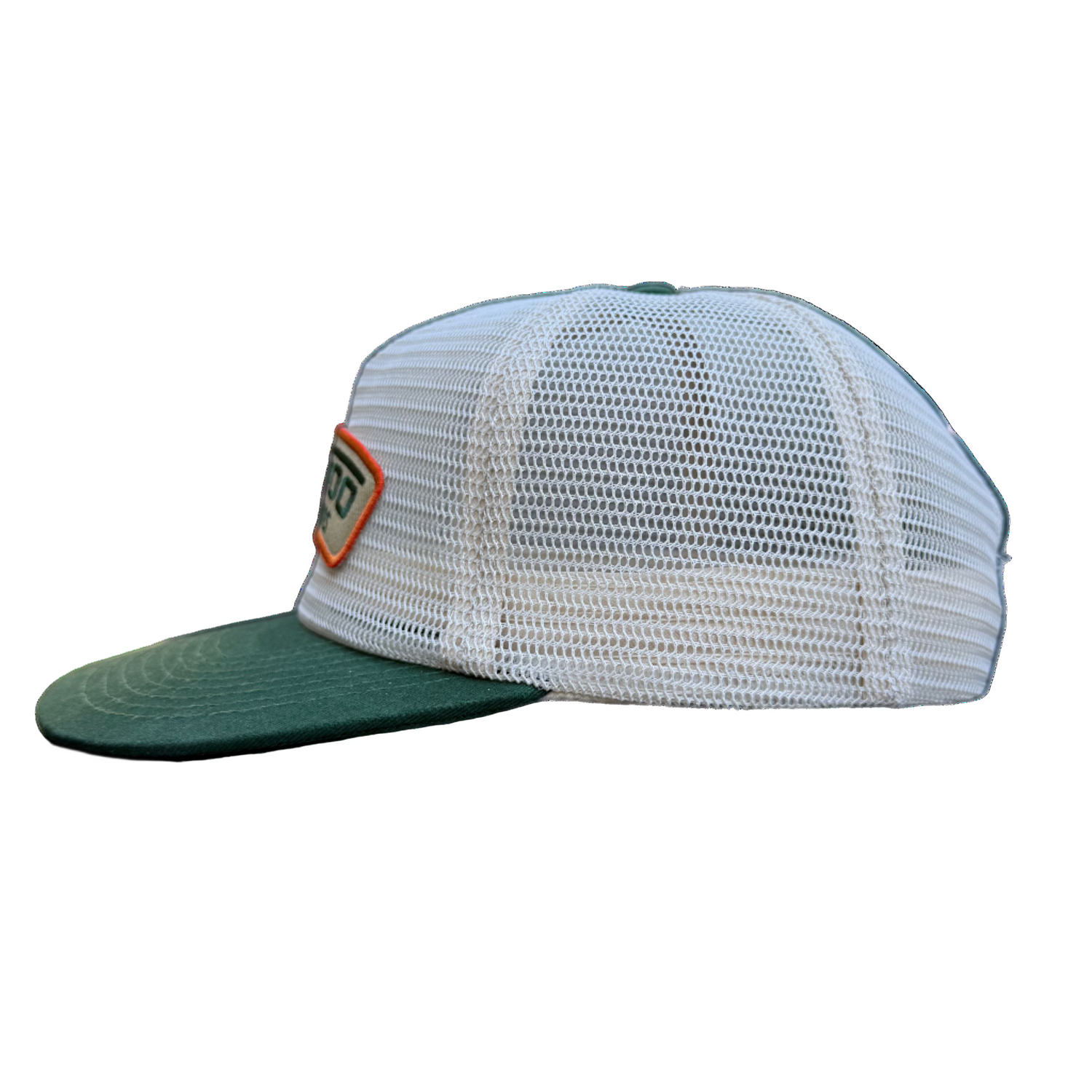 White mesh cap with green brim 