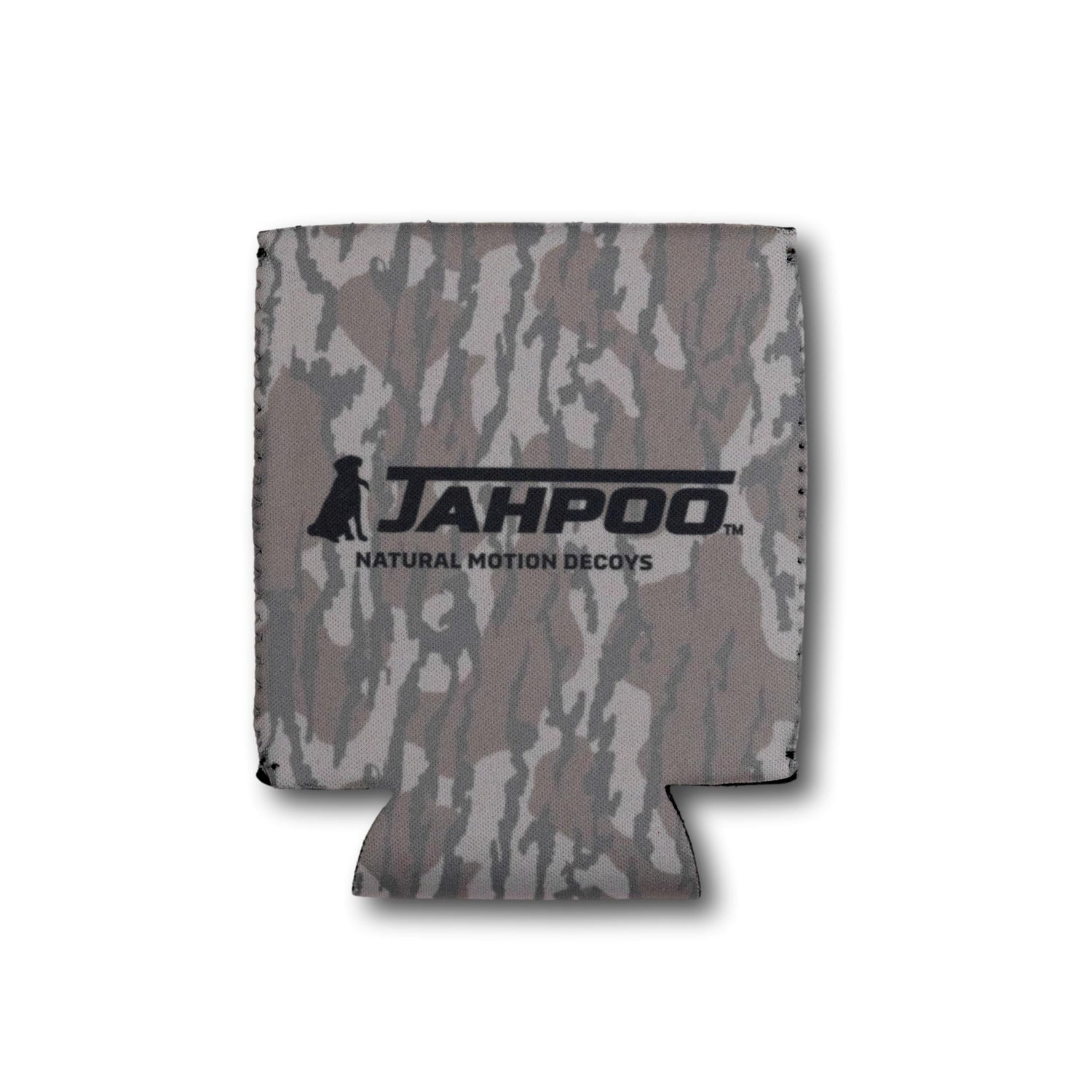 Camouflage koozie cooler with 'Jahpoo' logo on a white background