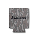Camouflage koozie cooler with 'Jahpoo' logo on a white background