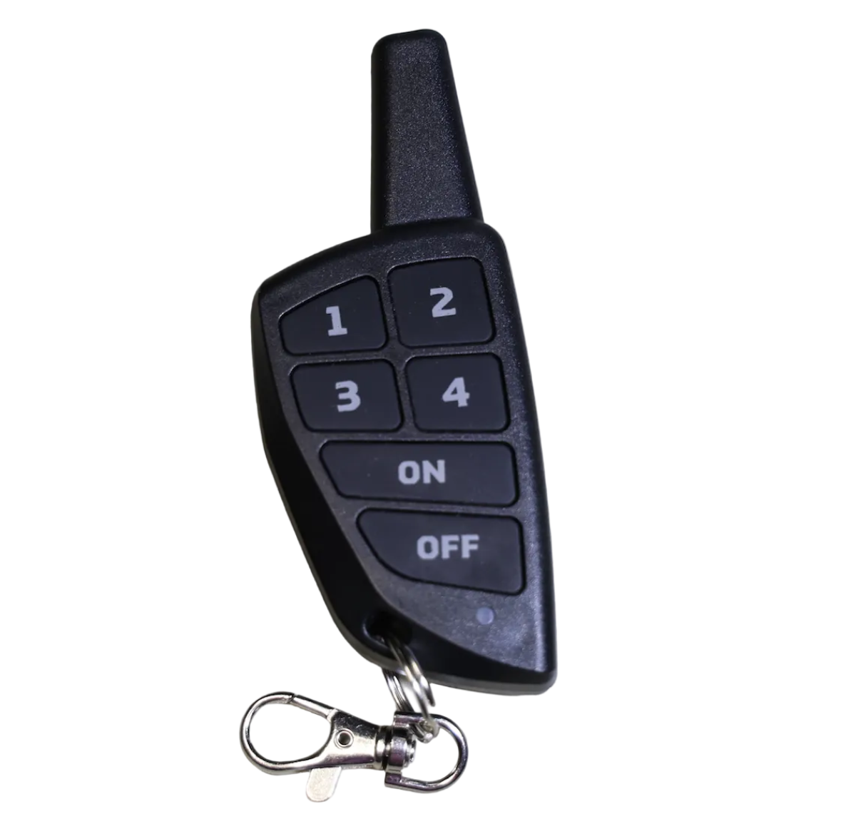 A black remote control key fob with six buttons, including numbers 1 through 4, ON and OFF, and a silver keychain clasp, shown on a plain white background.