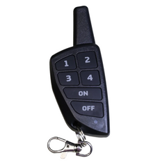 A black remote control key fob with six buttons, including numbers 1 through 4, ON and OFF, and a silver keychain clasp, shown on a plain white background.