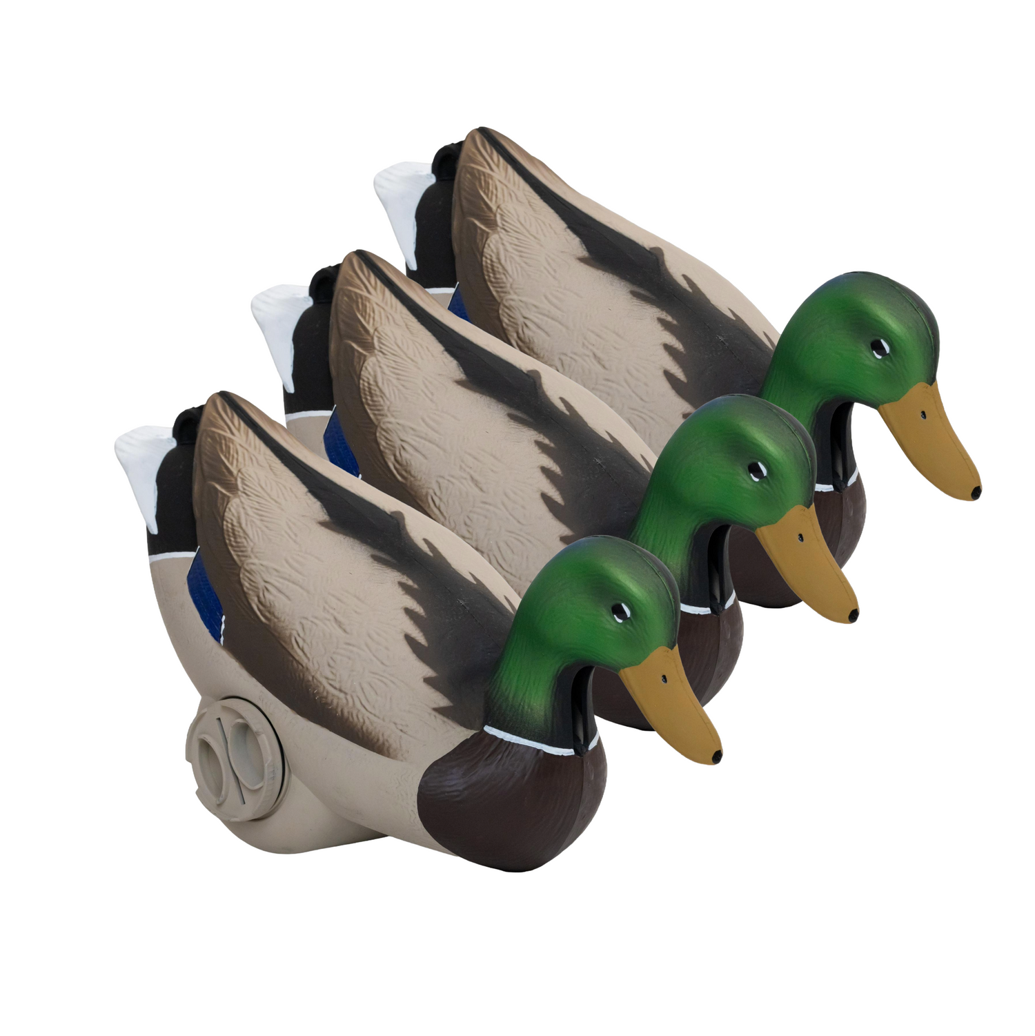 Side angle of three jahpoo flyway deputy motion duck decoys mallards