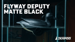 Jahpoo Founder Carson Tharp introducing and describing the purpose of the Flyway Deputy Matte black motion duck decoy and its purpose on dark cloudy days. 